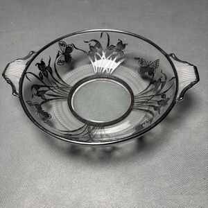 Antique Candy Dish W/Sterling Overlay Art Nouveau Iris Flowers Serving Dish-UV